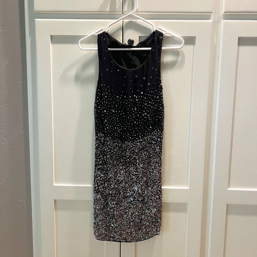 Vintage Sheri Bodell 100% Silk Black & Silver Sequin Mini, Size XS